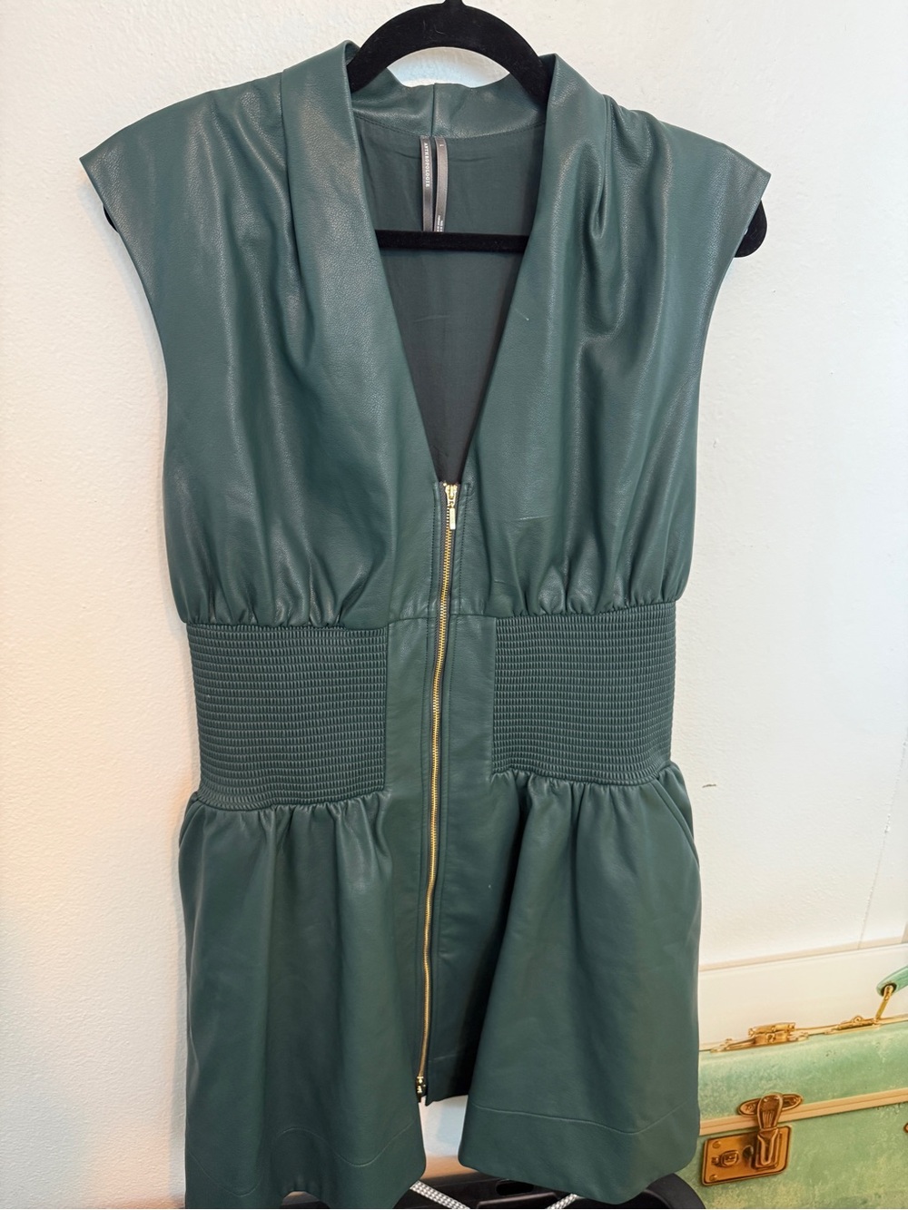Anthropologie Sleeveless Teal Faux Leather Midi Dress with Gold Zip
